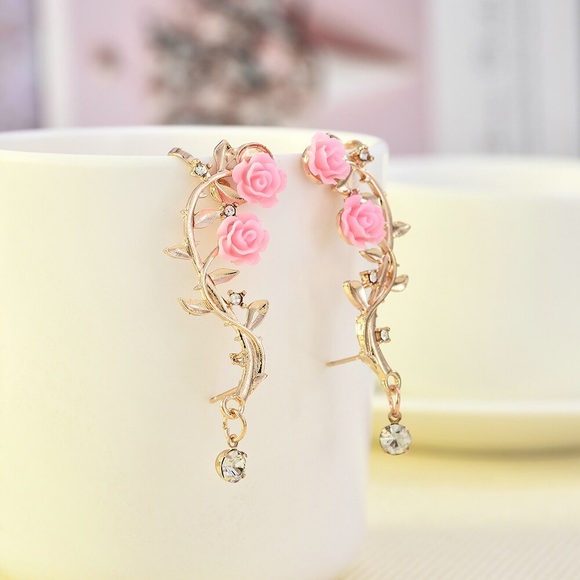 Pink Rose Delicate Leaves & Crystal Earring Cuffs - Picture 2 of 16